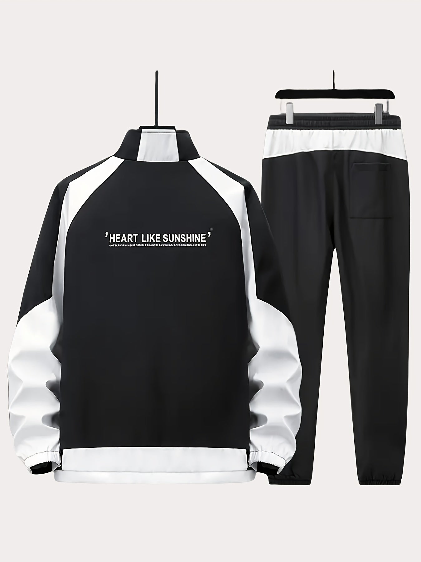 Unisex Sportswear Set for Spring And Autumn, Featuring a Zip-Up Jacket with a Stand Collar And Striped Long Pants in Black And White, a Stylish Outfit That Makes a Great Gift, Sweat-Resistant, Hand Wash Only, Workout Accessor