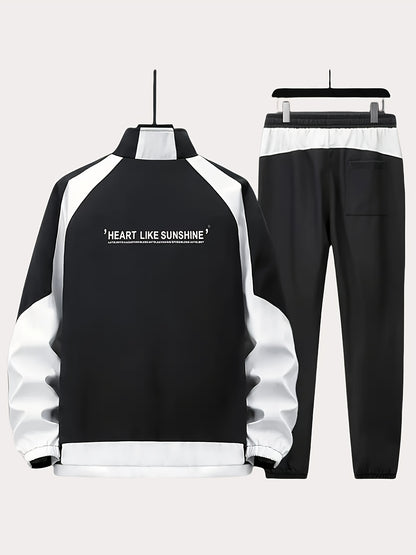 Unisex Sportswear Set for Spring And Autumn, Featuring a Zip-Up Jacket with a Stand Collar And Striped Long Pants in Black And White, a Stylish Outfit That Makes a Great Gift, Sweat-Resistant, Hand Wash Only, Workout Accessor
