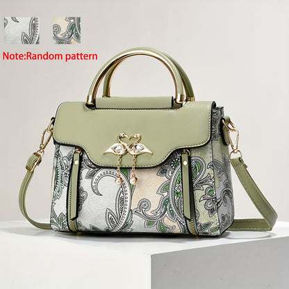 Elegant Floral Print Women'S Crossbody Bag with Magnetic Closure, Adjustable Strap, and Metal Swan Heart Charm, Synthetic Faux Leather Shoulder Purse with Polyester Lining and Painted Edges, Ladies Bag
