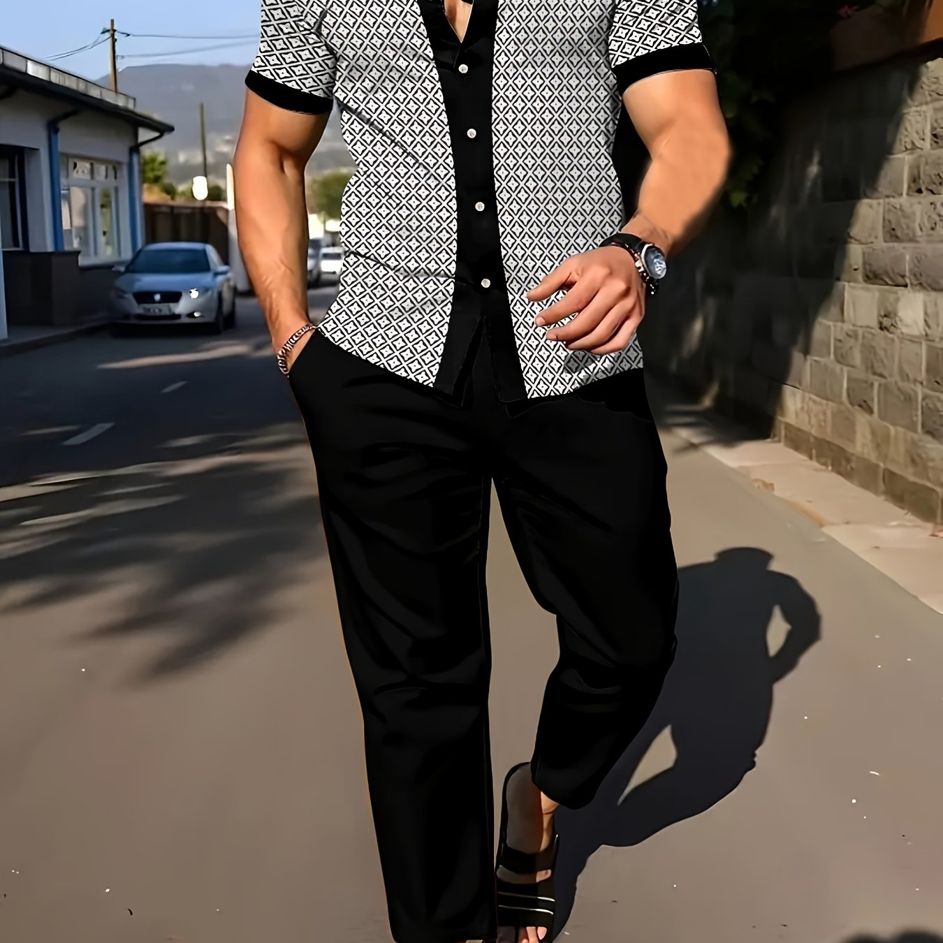2pcs printed Men's summer short-sleeved button-up shirt and trousers suit