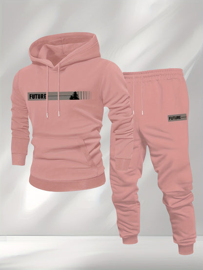 New Autumn and Winter Men's Fleece-Lined Hooded Sweatshirt Set with Print, Long-Sleeve Hoodie and Drawstring Pants for Couples