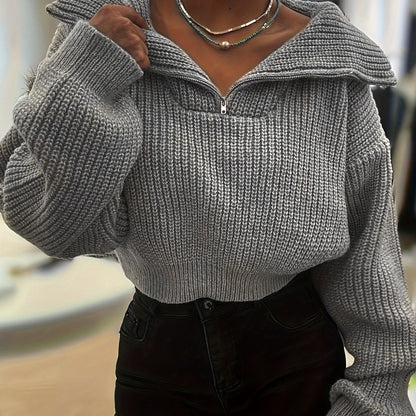 Autumn and Winter Half-Zip Short Fashion Lantern Sleeve Pullover Sweater to Show Your Figure and Versatile
