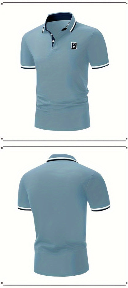 Men's Trendy Simple Letter Print Color Block Short Sleeve Button Up Lapel Shirt For Summer Daily, Golf Shirt