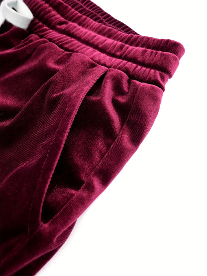 Men'S Fashion Velvet Knit Pullover Set, Contrast Letter Embroidery Top and Solid Color Drawstring Shorts, Simple Casual Outing Commuting Vacation Light Luxury Set, Regular Fit Elastic Knit Two-Piece Set, High-end Sheen Light