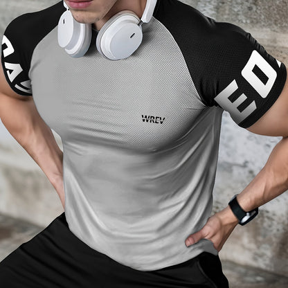 Men's Quick-Dry Breathable Mesh Sports T-Shirt - Summer Gym Workout Top with Contrast Black & White Sleeves & for Man Letter Print, Slim Fit for Running Training Casual Wear, Breathable Running Gear | Sporty Casual Tee | Mesh