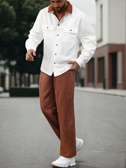 New Autumn And Winter Two-Piece Set Featuring a Color-Blocked Long-Sleeve Shirt with a Suit Collar And Straight-Leg Casual Trousers.