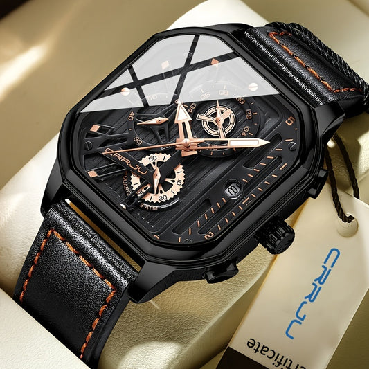 CRRJU Men's Sporty Chronograph Watch with Rose Golden Accents, Quartz Movement, IPX8 High Quality, Black Dial & Brown Faux Leather Strap - Durable Casual & Formal Timepiece