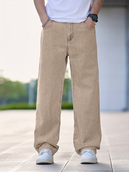 Men'S Casual Straight Leg Jeans, Loose Fit Denim Pants, 87% Cotton 7% Polyester 6% Viscose, All-Season Solid Color Washed Fabric, 290gsm Heavyweight - Gengyuanxuan #TB9005