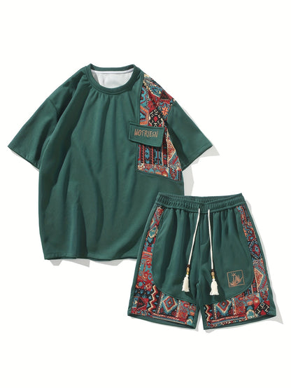 2pcs Men's Summer Casual Outdoor Set, Fashion Ethnic Style Round Neck Short Sleeve T-Shirt and Shorts Suit with Embroidery Design Loose Fit, Short Sleeve + Drawstring Shorts Combo, Suitable for Summer Outdoor Activities
