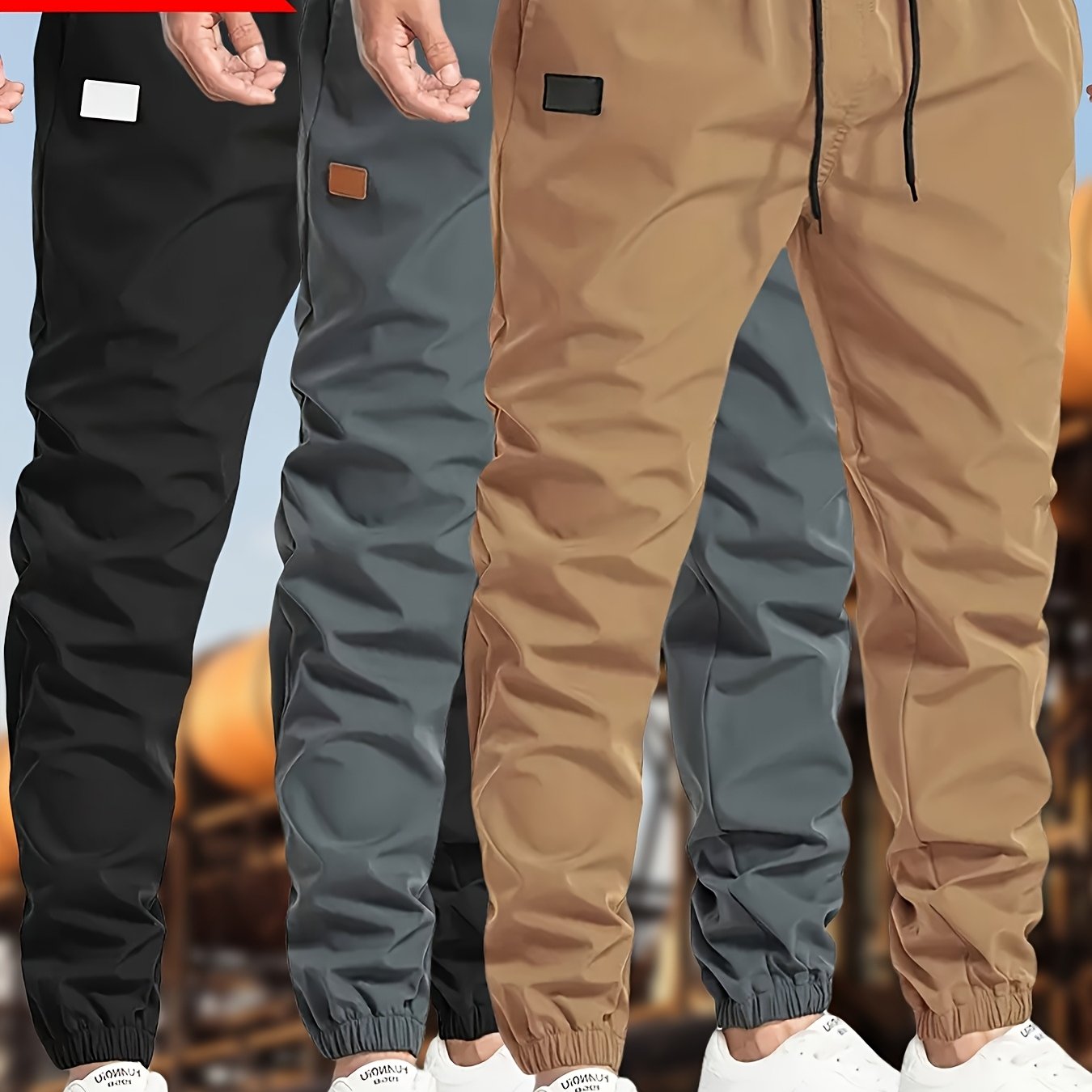 3pcs Men's Solid Color Drawstring Joggers - Casual Cargo Cropped Pants, Polyester, Machine Washable, in Black, Dark Gray, Olive Green with Patch Detail