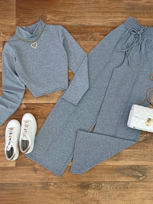 2 Pcs Solid Color Top & Pants Outfit, Long Sleeve Mock Neck Crop Slim Top & Drawstring High Waist Straight Leg Pants, Women's Clothing