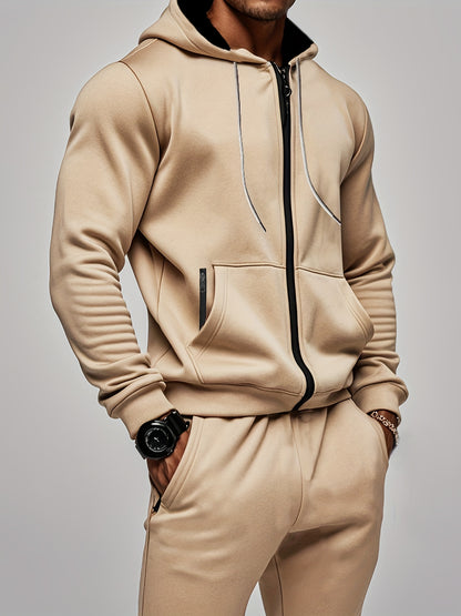 2pcs Men's Solid Color Hooded Long Sleeve Sweatshirt + Pants Set, Casual Co-ord Sports Fitness Set