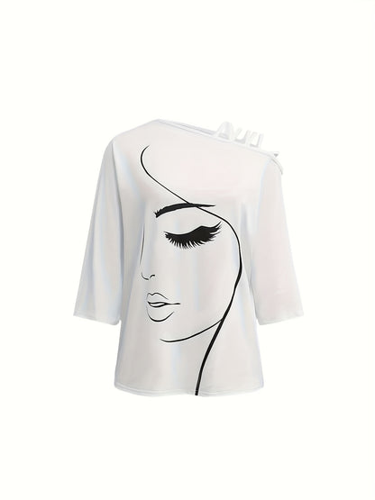 Women's Off-Shoulder Graphic Tee - Stretchy Polyester Blend, Short Sleeve, Cross-Strap Detail, Elegant Face Line Art Print, Casual Vacation Style, Machine Washable