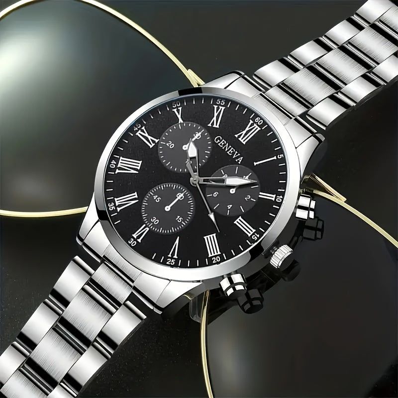 2pcs Elegant Men's Quartz Watch Set, Classic Round Dial Design with Durable Stainless Steel Band, Zinc Alloy Case, Precision Electronic Movement, Casual Fashion Style, Ideal Gift for Father's Day/Valentine's/Ramadan/Birthday/
