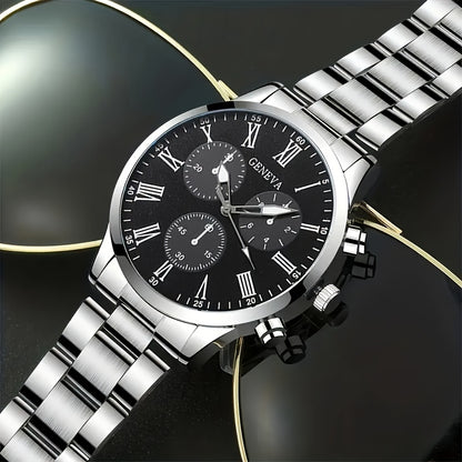 2pcs Elegant Men's Quartz Watch Set, Classic Round Dial Design with Durable Stainless Steel Band, Zinc Alloy Case, Precision Electronic Movement, Casual Fashion Style, Ideal Gift for Father's Day/Valentine's/Ramadan/Birthday/