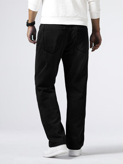 Men'S Loose Fit Straight Leg Jeans, Cotton 85% Polyester 15% Denim, Washed Solid Color Casual Style