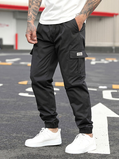 1pc Men'S Casual Polyester Cargo Pants - Mid Waist Elastic Joggers with Multiple Pockets, Non-Stretch Solid Color, Regular Fit for Weekend Wear - Spring/Fall Fashion Trousers