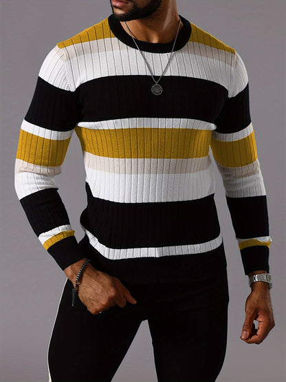 Men's Striped Color-Block Ribbed Knit Sweater - Long Sleeve Round Neck Pullover with Elastic Comfort Fit, Machine Washable Casual Fall Winter Top in Black/White/Green/Beige, Knit Sweater, Medium Elasticity