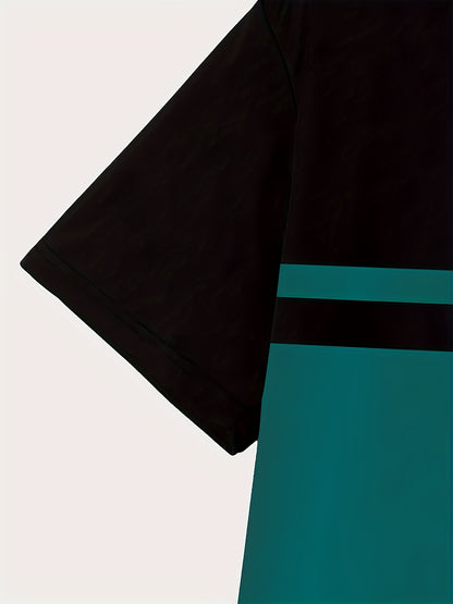 [Casual Chic] Men'S Casual Color Block T-Shirt - Short Sleeve, Round Neck, 3D Print, Lightweight 150g/㎡ Polyester, Stylish Teal & Black Stripe Design for Casual Attire, Versatile Tshirt | Modern Casualwear | 3D Print Shirt,