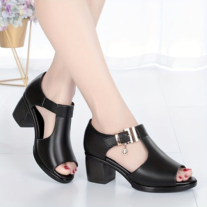 Elegant Women'S Open-Toe Chunky Heel Shoes - Comfortable Mid-Height with Golden Buckle Strap, Breathable Cut-Out Design, Shock-Absorbing Insole & Durable Rubber Sole for Summer Casual & Formal Occasions, High Heel Footwear, D