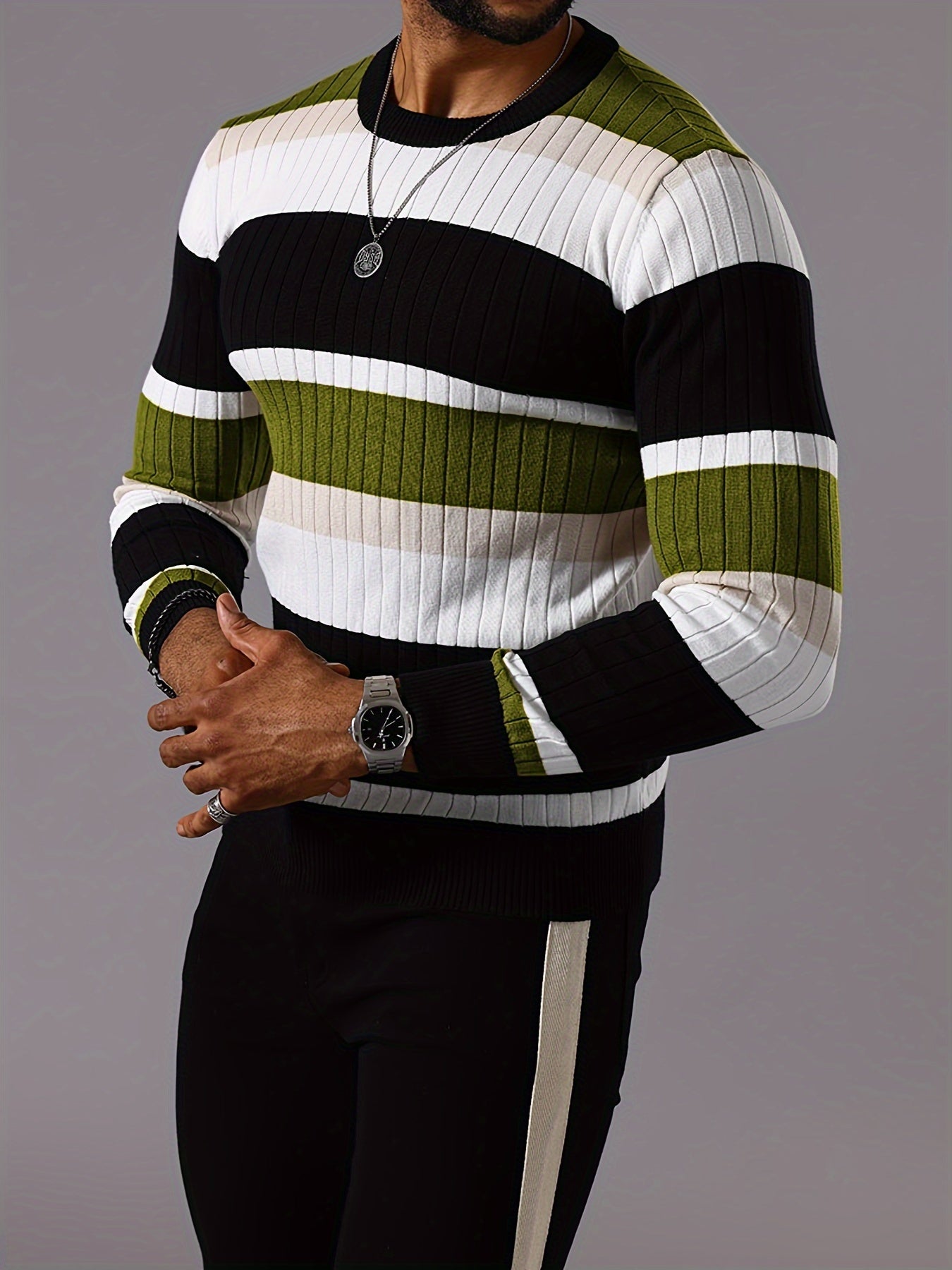 Men's Striped Color-Block Ribbed Knit Sweater - Long Sleeve Round Neck Pullover with Elastic Comfort Fit, Machine Washable Casual Fall Winter Top in Black/White/Green/Beige, Knit Sweater, Medium Elasticity