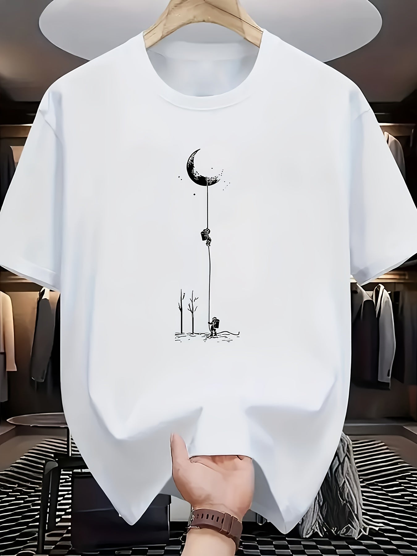 Men's Casual Graphic T-Shirt - Soft Polyester Blend, Crew Neck, Short Sleeve, Summer Style with Unique Moon and Figures Print, Lightweight and Comfortable for Casual Attire, Everyday Tshirt | Artistic Design Shirt | Lightweig