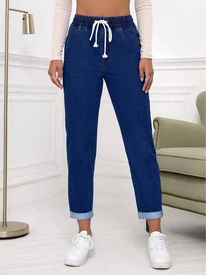 Women's Stretch Denim Tapered Jeans with Elastic Waistband & Rolled Cuffs - Light Wash, Mid-Rise, Versatile Casual Style for Spring/Summer/Fall, Casual Denim Wear | Modern Tapered Jeans | Smooth Texture Jeans