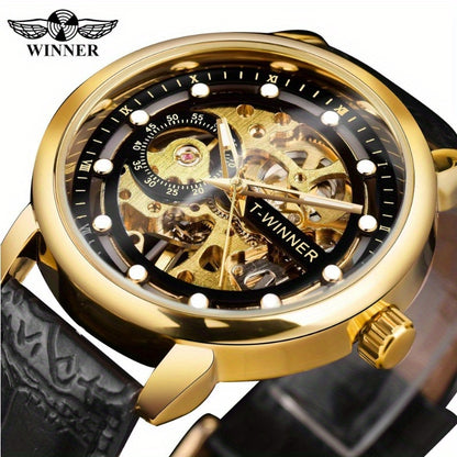 Men'S Luxury Mechanical Skeleton Watch with Golden-Tone Alloy Case & Faux Leather Strap - Mechanical Hand-Wind, World Time, Date Display, Elegant Fashion Accessory for Casual Attire, Mechanical Watch, Sophisticated Design, In