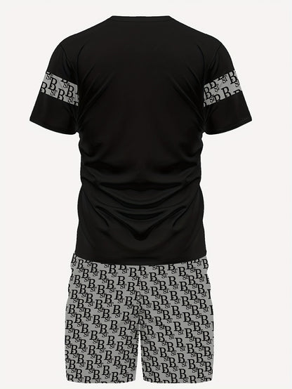 Men's Casual 3D Print Sports Outfit Summer Round Neck Short Sleeve T-Shirt and Shorts Set