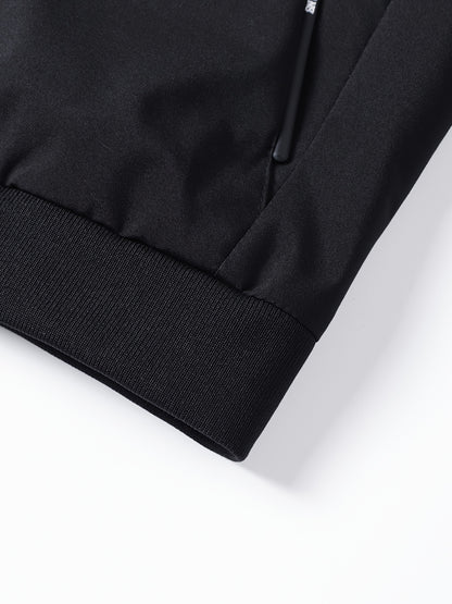 2pcs Men's Classic Bomber Jacket & Jogging Pants Set - Sleek Black with Letter Embroidery, Elastic Cuffs & Waistband, Durable Polyester, Perfect for Outdoor Activities & Casual Wear, Jogging Suits