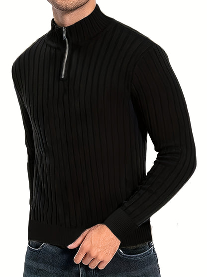 Men'S Casual Polyester Sweater, Solid Color, High Neck Quarter Zip, Long-Sleeved Pullover, Regular Fit, 100% Polyester Knit Fabric, 230g/m² - Fall/Winter Essential