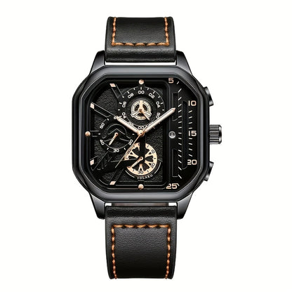 1 Casual Men's Quartz Watch, PU Leather Strap Business Watch Set Suitable for All Occasions, Jewelry Gift for Dad, Boyfriend, Suitable for All Festivals (Box Not Included)
