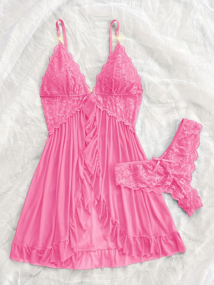 Sexy and Romantic Sleepwear Set, Solid Color Lace Camisole with Matching Panties, V-Neck Design Accentuating Elegant Neckline, Delicate Lace Pattern for Softness. Flared Hem and Ruffled Front Add Graceful Charm, Perfect for a