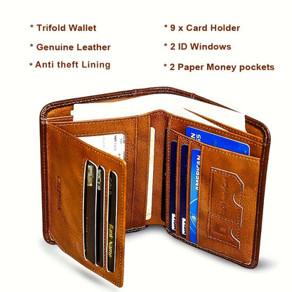 1pc CIEPHIA Vintage Genuine Leather RFID Blocking Wallet for Men - Slim, Multi-Functional ID & Credit Card Holder, Deep Brown with Embossed Logo, Ideal Gift for Valentine's Day