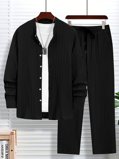Men'S Two-Piece Set Featuring Textured Fabric, Versatile Long-Sleeve Shirt with Ear Loops, And Loose Drawstring Casual Pants.