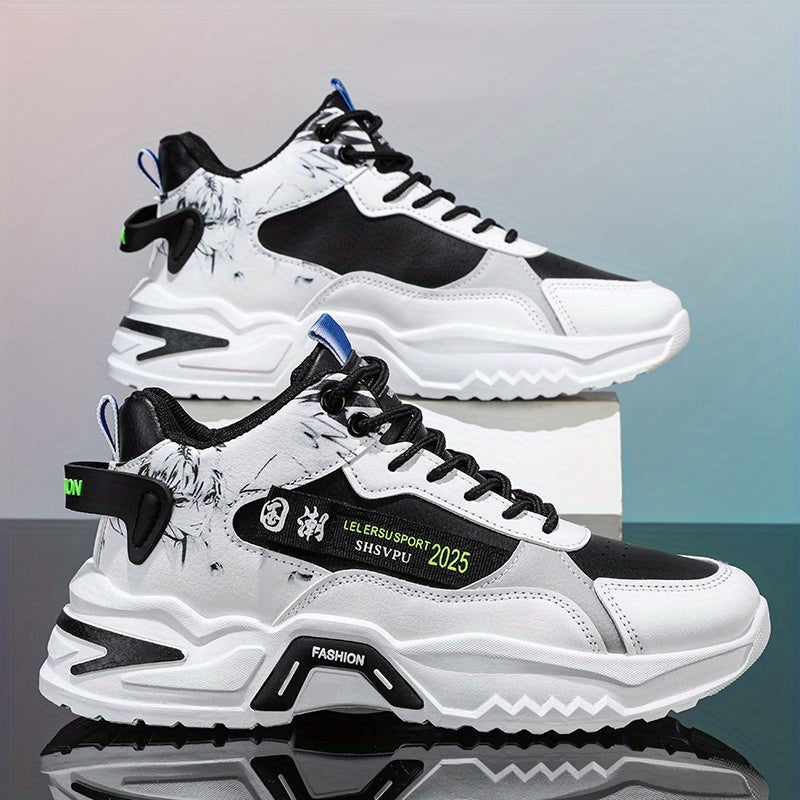 Men's Sneakers - Thick Platform Cushioned Sole, Lace-Up Closure, PU Upper & Non-Slip PVC Outsole - All-Season Gym, Casual, Everyday Sneakers - Black/White Colorway - Affordable Men's Footwear, Casual Walking, Trendy Kicks, Co