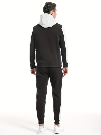 Men'S Casual Hoodie Set for Autumn And Winter, Featuring a Hooded Sweatshirt And a Sporty Cardigan in a Patchwork Design.