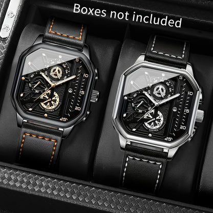1 Casual Men's Quartz Watch, PU Leather Strap Business Watch Set Suitable for All Occasions, Jewelry Gift for Dad, Boyfriend, Suitable for All Festivals (Box Not Included)