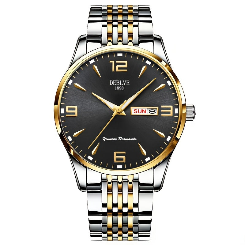 DEBLVE Men's Sleek Business Watch - Ultra-Thin Alloy, Luminous Hands, Calendar & Week Display, Waterproof, Sporty Steel Strap with Secure Clasp
