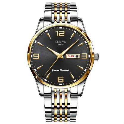 DEBLVE Men's Sleek Business Watch - Ultra-Thin Alloy, Luminous Hands, Calendar & Week Display, Waterproof, Sporty Steel Strap with Secure Clasp