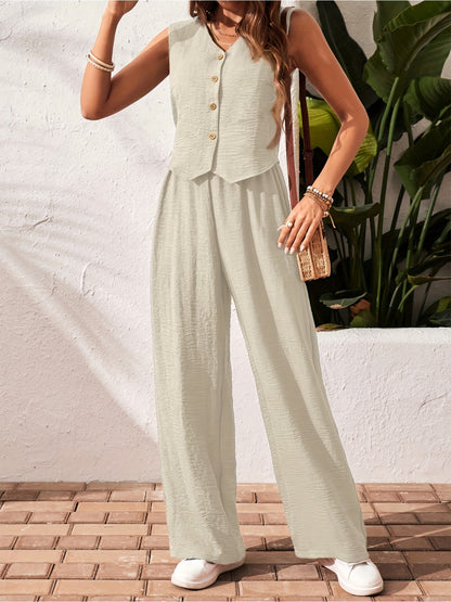 Women'S Elegant Solid Color Sleeveless V-Neck Two-Piece Set - Casual Summer Jumpsuit with Button Placket, Wide Leg Pants, and Beige Wedge Sandals, Casual Attire|Vneck Jumpsuit|Elegant Jumpsuit