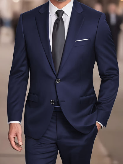 Men'S Casual Work Suit Polyester Solid Color Lapel Button Regular Fit Woven Pants and Jacket for Spring/Summer
