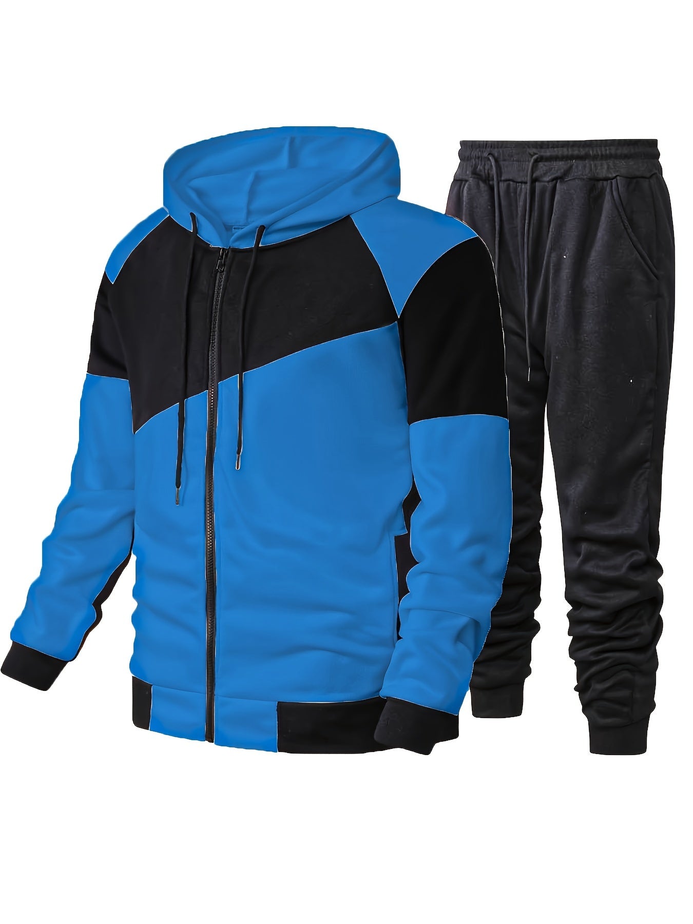Elson OBM Men's Autumn and Winter Sportswear Set, Men's Color Block Long Sleeve Hooded Zip-Up Jacket with Solid Drawstring Joggers Outdoor and Sports Outfit... Top Bottoms Set
