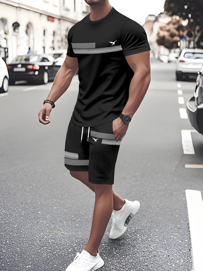 Men'S Casual Summer Two-Piece Athletic Wear Set - Light Blue T-Shirt with Green & White Stripes, Matching Shorts, Perfect for Daily Leisure, Vacation, and Sports, Casual Sportswear | Relaxed Fit Shorts | Stretchable Fabric