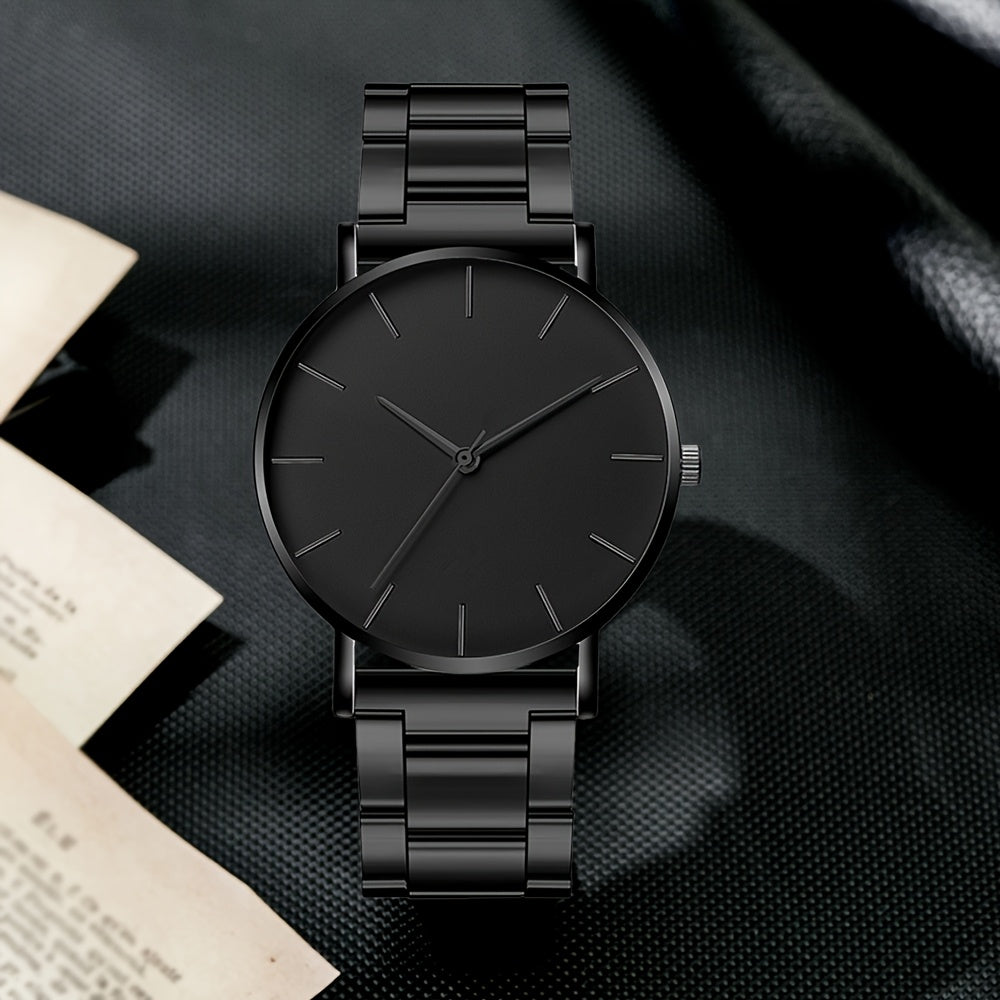 2pcs set, Men's fashionable quartz watch combination package, round dial display, stainless steel strap, zinc alloy case & hands, stylish casual simple business style, especially suitable as Father's Day, Valentine's Day, Ram