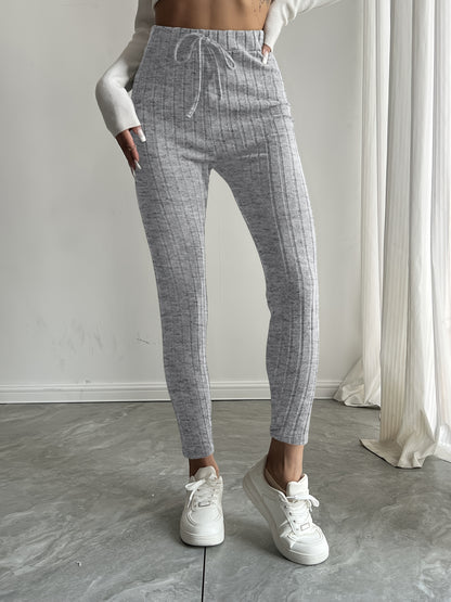 High-Waisted Drawstring Skinny Knitted Pants For Everyday Wear - Solid Color Women's Casual Clothing