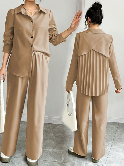 Women's Solid Color Pleated Long Sleeve Shirt + Pants Set for Spring and Autumn