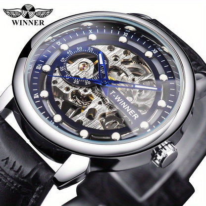 Men'S Luxury Mechanical Skeleton Watch with Golden-Tone Alloy Case & Faux Leather Strap - Mechanical Hand-Wind, World Time, Date Display, Elegant Fashion Accessory for Casual Attire, Mechanical Watch, Sophisticated Design, In