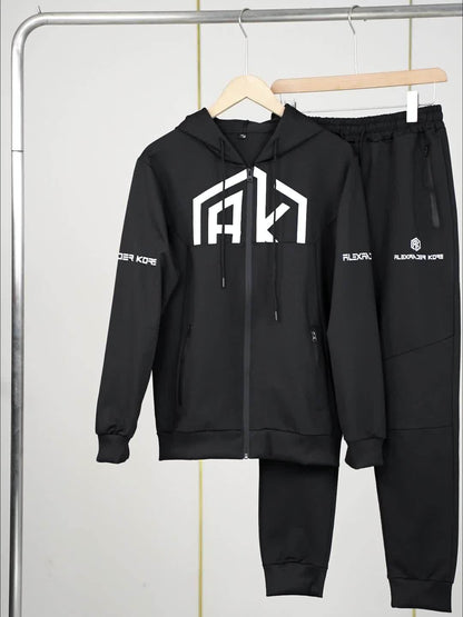 Men's AK Letter Print Long Sleeves Hoodies With Zipper Detail & Long Pants Two-piece Set, Slight Stretch Comfortable Clothing For Spring And Autumn