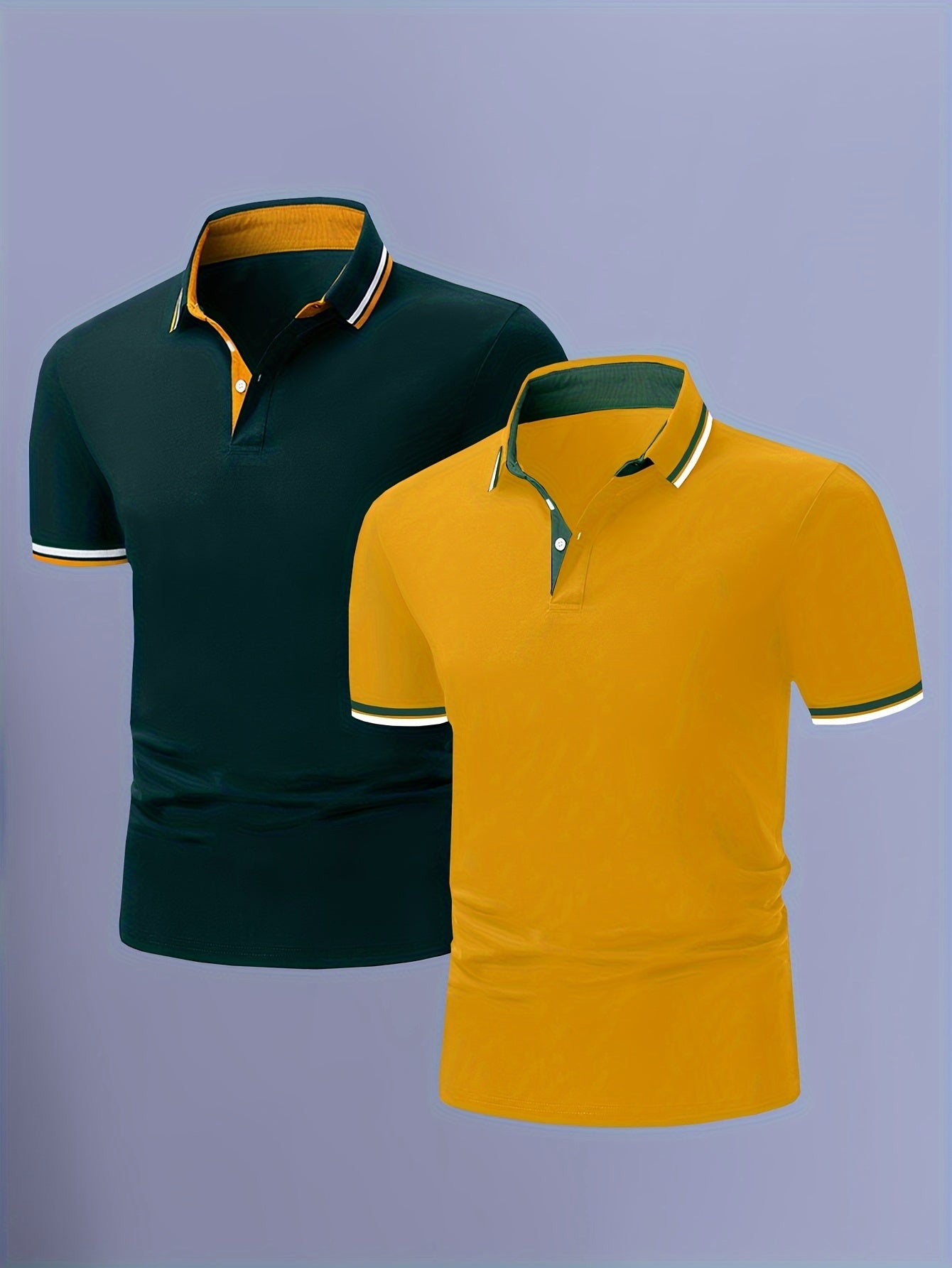 2pcs Men's Short-Sleeve Shirts with Contrast Collars - Lightweight Polyester, Pastel Blue & Pink, Turn- Collar, Button Closure, Regular Fit, Casual & Business-Casual Wear, Ideal for Summer or Gifting, Short Sleeve Tops
